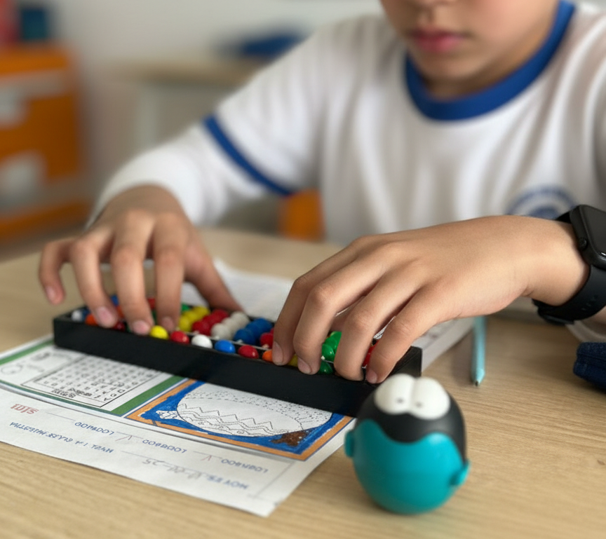 Manos de un niño moviendo las cuentas de un ábaco de madera.