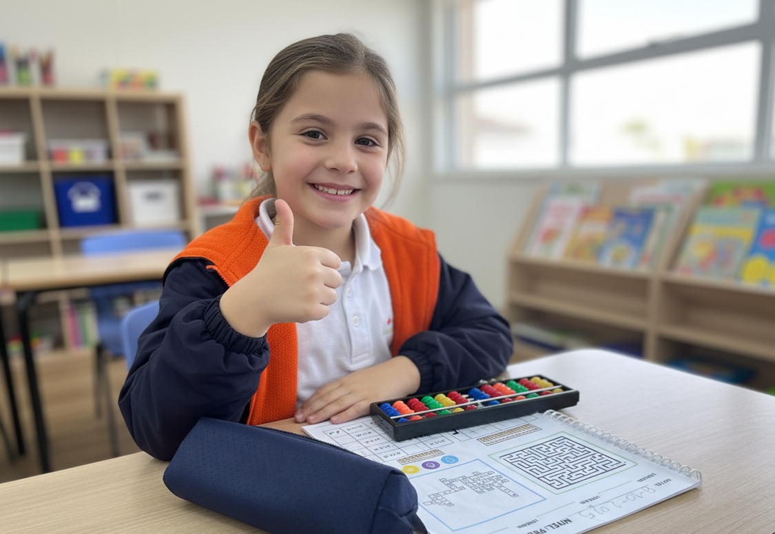 Niña sonriendo con éxito mientras resuelve un problema en una pizarra.