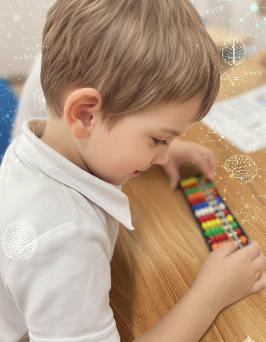 Niño concentrado en un entorno escolar usando el ábaco