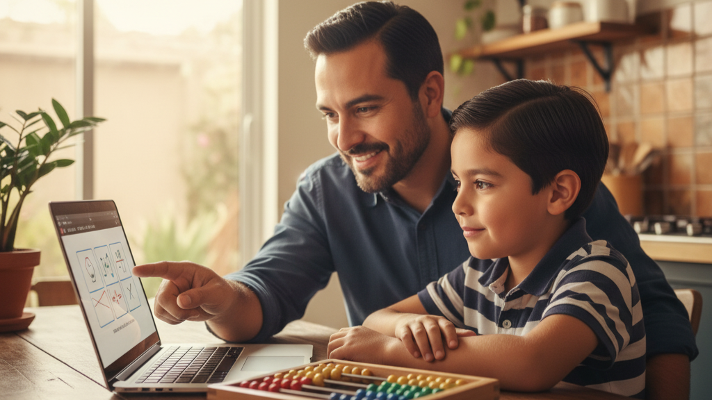 Padre ayudando a su hijo con una tarea en una laptop en casa.