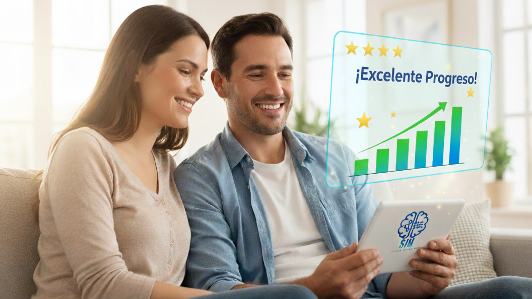 Padres sonriendo mientras revisan el progreso en una tablet juntos.